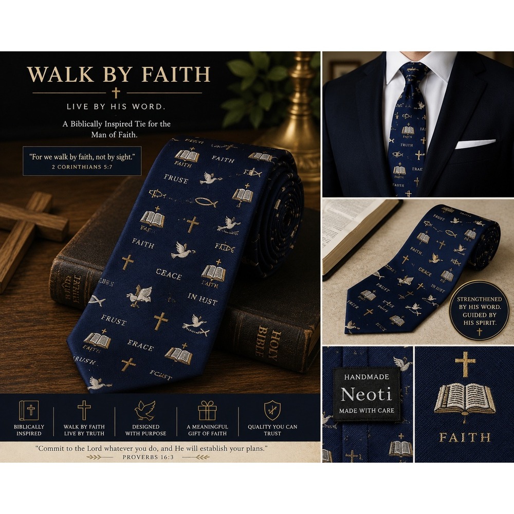 Neoti Handmade "I Love Jesus" Christian Cross Fish Silk Necktie Blue Novelty Tie
